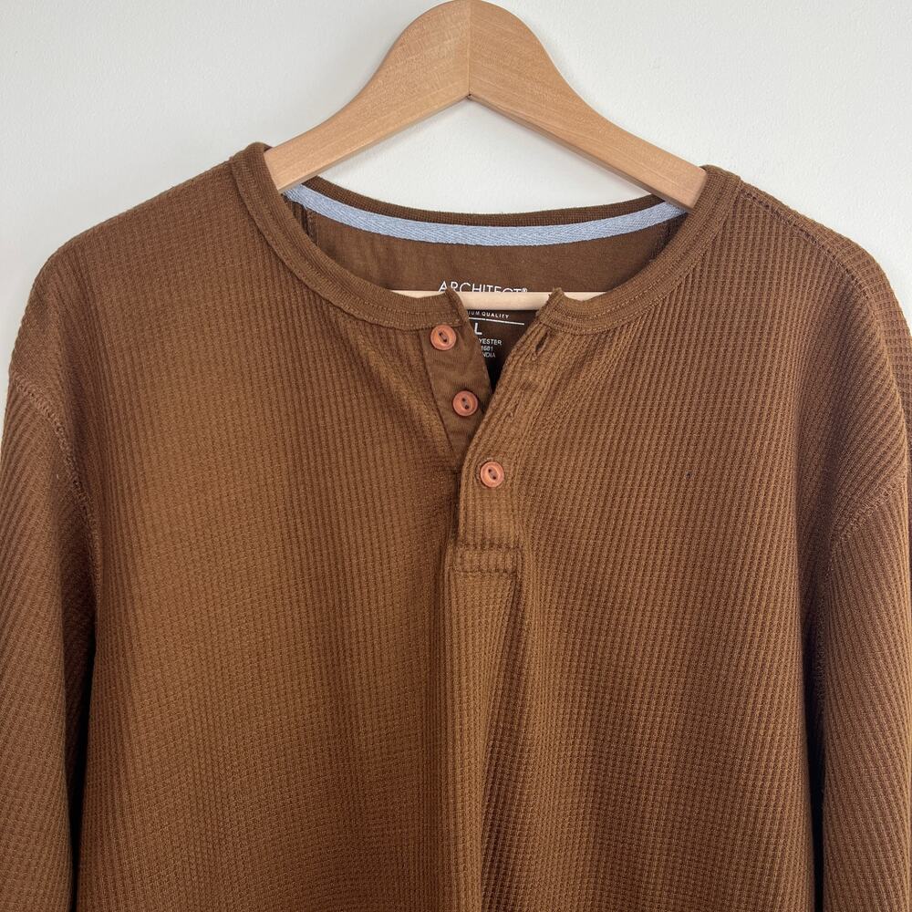 Architect Jean Co Waffle Knit Henley Thermal Long Sleeve Top Shirt Brown Size L
